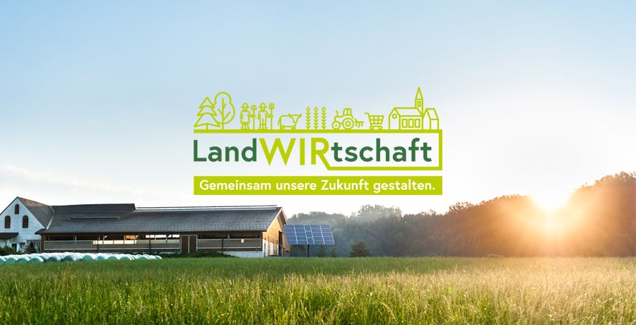 Bauernhof mit Logo: Landwirtschaft - gemeinsam unsere Zukunft gestalten